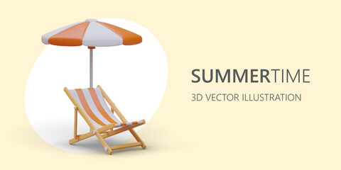 Summer vacation, sunbathing time. Realistic beach umbrella, striped deck chair. Furniture for pool. Advertising poster for recreation organizers. Booking tickets in hotels near sea, ocean