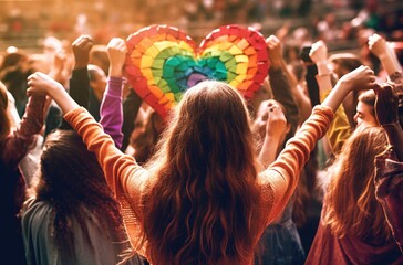 Obraz premium Love is love. Hands showing heart sign on gay pride and LGBT rainbow flag. Sexual minority, homosexuality and equal rights. Silhouette of love symbol on rainbow background, created with generative ai
