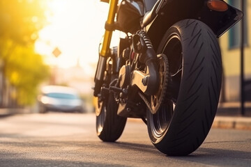 Rear wheel of sports motorcycle on road, Motorbike parked on a street, Freedom and travel concept