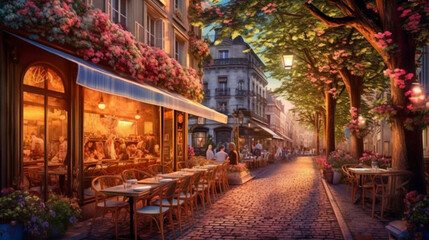 Fototapeta na wymiar Street view with cafe or restaurant. Coffee shop in the city. Rue de Paris. Summer evening. Ai illustration, fantasy digital painting, Generative AI