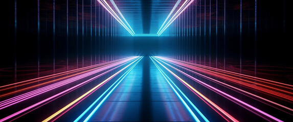 Neon Light Futuristic Background With Empty Floor Against Abstract Vertical Lines
