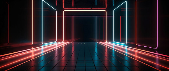 Neon Light Futuristic Background With Empty Floor Against Abstract Vertical Lines