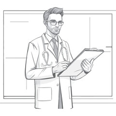 Doctor holding a clipboard, Young cartoon doctor with vector illustration, Medical concept