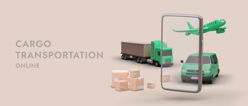 Vector poster about freight transportation. Order delivery by plane and truck. Cargoes of any complexity. Online registration, choosing shortest route. Delivery within country and abroad