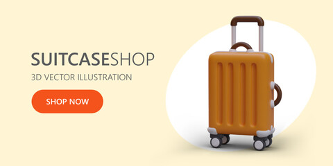 Color horizontal banner with 3D trolley case. Sale of suitcases for convenient luggage transportation. Advertising poster. Realistic illustration in cartoon style, place for text