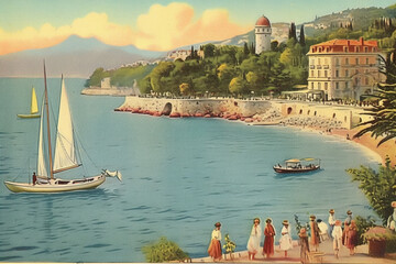 retro france landscape vintage postcard ai generated art Generative AI