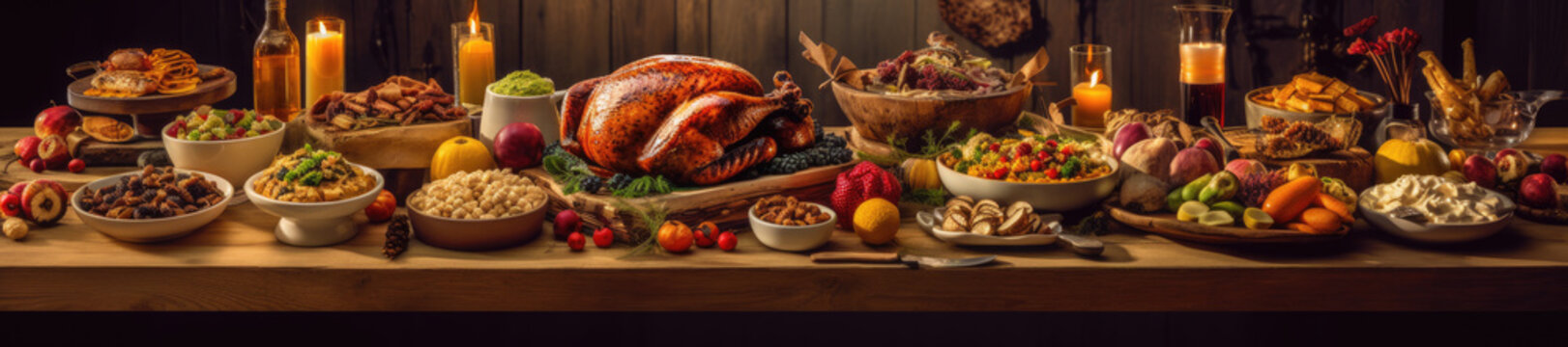 Thanksgiving or Christmas feast, rustic table spread