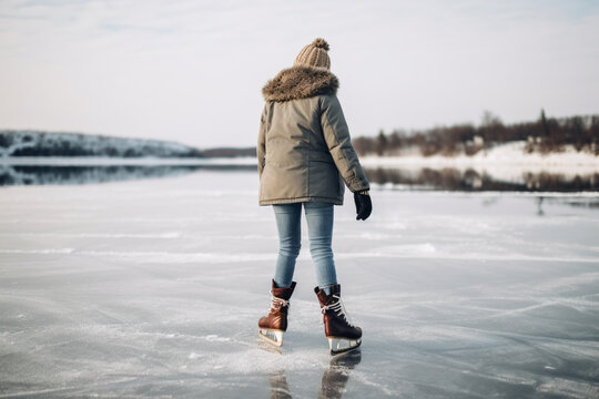 rear view of Unrecognizable woman ice skating on a frozen lake with a cheerful smile and winter attire enjoying the cold weather,