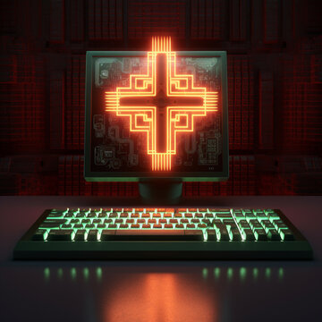 Christian cross on the retro computer 