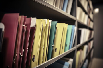 Fototapeta na wymiar Rows of folders for bookkeeping lie on a shelf