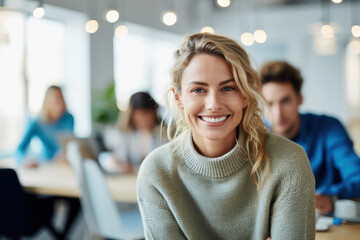Photo of beautiful happy woman looking at camera while sitting at office - obrazy, fototapety, plakaty