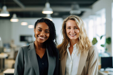 Smiling multiethnic businesswomen standing at office while looking at camera