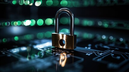 A padlock sits on a computer screen with green lights behind it