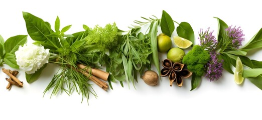 Closeup view of various Asian herbs and spices hanging, intricate arrangement, panel composition, white background with subtle shadows, ideal blog or web page background, Generative AI, Generative, KI