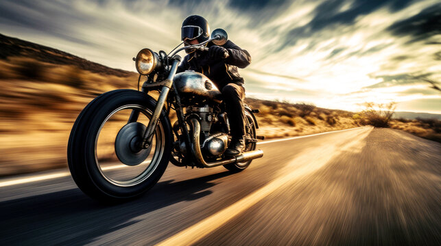Caught in a vintage photograph, a cool macho man rules the scenic road on his motorcycle. Wind ruffling his hair, he epitomizes raw freedom, embodying a timeless spirit of adventure. Generative AI © neo