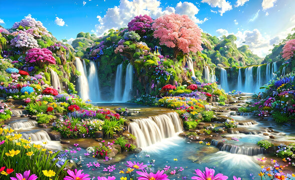 Fototapeta Paradise land with beautiful  gardens, waterfalls and flowers, magical idyllic background with many flowers in eden. Generative Ai.
