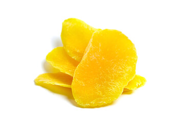 Naklejka na ściany i meble Dried mango slices isolated on white background. Candied mango fruit chips
