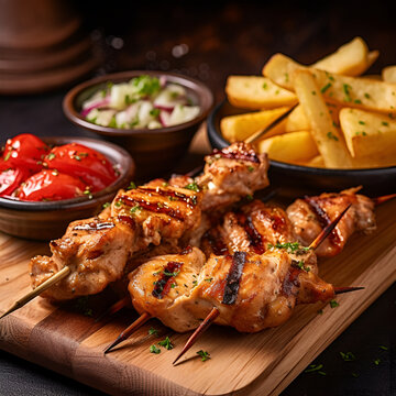 Chicken skewers - grilled meat with French fries on wooden background Generative AI