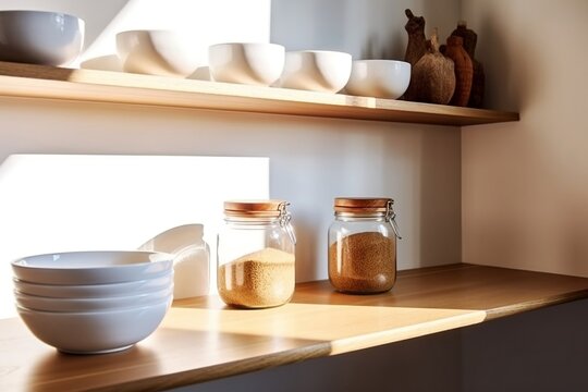 Sleek Luxury Kitchen: Wooden Shelves, Glass Jars, and Ceramic Delights, Generated Ai