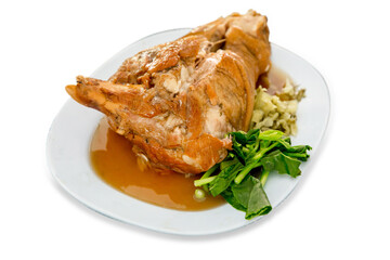 Top view of Braised Pork Hock with kale, focus selective