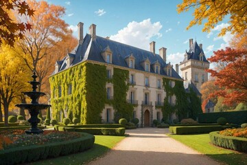 Obraz premium Illustration of a Renaissance architecture style French Castle in a French Garden on a beautiful autumn day - Generative AI 