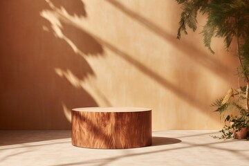 Organic Log Wood Podium: Tropical Tree's Sunlit Presence Amidst Leaf Shadows, Generated Ai