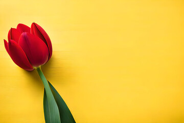 Top view, Red tulip head on yellow background, flat lay