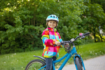 Fototapeta na wymiar Happy kid boy, having fun in park with a bicycle on beautiful day. Active child wearing bike helmet