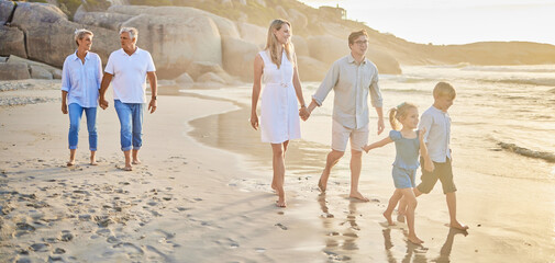 Family generations, walking and beach with sunset for men, women and children with love on holiday....