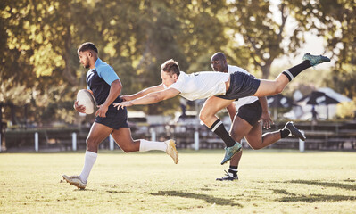 Sports, rugby and men in action on field for match, practice and game in tournament or competition. Fitness, teamwork and strong players tackle for exercise, training and performance to win ball