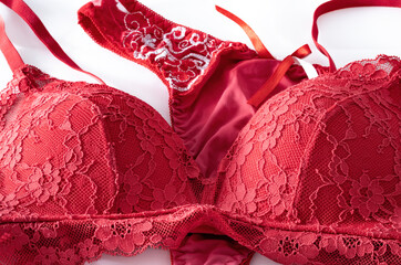 Women sexy red lace lingerie, bra and panties