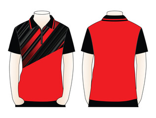 Red-black short sleeve polo shirt with graphic line printing, zip-placket design on white background. Front and back view, vector file