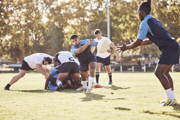 Sports, rugby and men pass ball on field for match, practice and game in tournament or competition. Fitness, teamwork and group of players playing for exercise, training and performance for winning - obrazy, fototapety, plakaty
