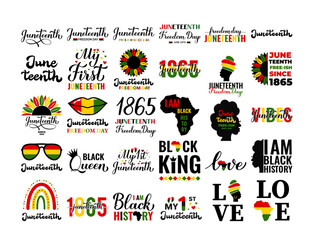 Juneteenth quotes bundle. African American holiday Black history 30 designs set. Vector template for typography poster, postcard, banner, sticker, etc