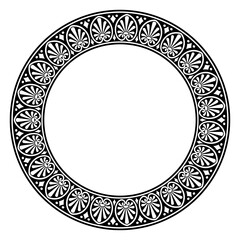 Conventional foliage, circle frame with Classical Greek pattern. Decorative circular border, made of repeated conventional leafage pattern, as found on pottery. Isolated illustration over white.