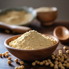 chickpea flour in a ceramic bowl with a wooden scoop, surrounded by raw chickpeas