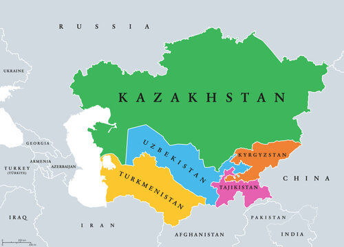 Central Asia, or Middle Asia, colored political map. Region of Asia from Caspian Sea to western China, and from Russia to Afghanistan. Kazakhstan, Kyrgyzstan, Tajikistan, Turkmenistan, and Uzbekistan.
