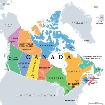 Canada, administrative divisions, colored political map. Ten provinces and three territories of Canada, with borders and capitals. Country in North America, and second largest country of the world.