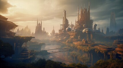 Fototapeta premium Fantasy landscape with fantasy city. Generative AI.