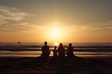 Silhouette of a family sitting down and watching the sun setting over the sea, People relaxing at the seaside during holiday and enjoying a beautiful sunset together,