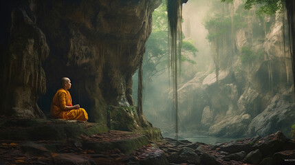 A monk sitting on a rock in front of a cave, thailand Generative AI - obrazy, fototapety, plakaty