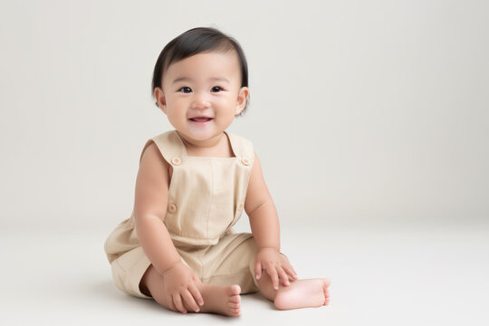 Smiling asian toddler sits on a beige background with copy space. Advertising template for children's products. Photorealistic illustration generative AI.