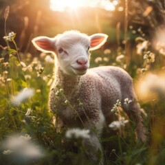 Fototapeta premium A lamb grazes in a meadow. (Generative AI)