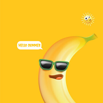 Hello summer square banner with cartoon sun and funky banana character isolated on summer orange background. Vector 3d horizontal hello summer orange scene, poster, clip art, banner and background