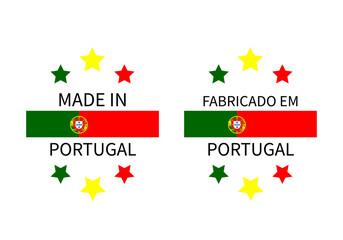 Made in Portugal labels in English and in Portuguese languages. Quality mark vector icon. Perfect for logo design, tags, badges, stickers, emblem, product package, etc