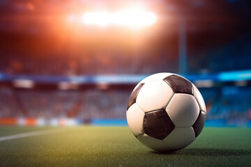 Fototapeta na wymiar Soccer ball on a bright blurred stadium background