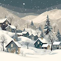 Fototapeta na wymiar A winter scene with a snowy village and trees. Generative AI