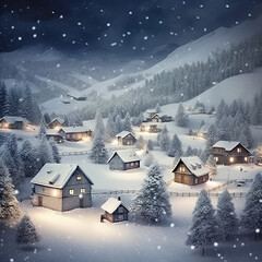 Christmas greeting card picture Winter mountain with snow covered decorated houses .Generative AI