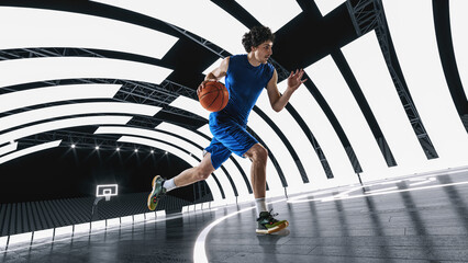 Young man in blue uniform, basketball player in motion, dribbling ball at 3D basketball arena, court with lights. Concept of professional sport, competition, action, competition, game