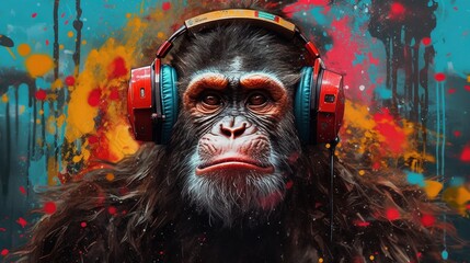 Portrait of monkey listening to music on headphones. Generative AI - obrazy, fototapety, plakaty